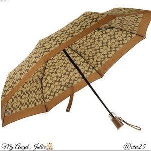 Brand New Coach Signature Umbrella Retractable Signature Khaki Saddle